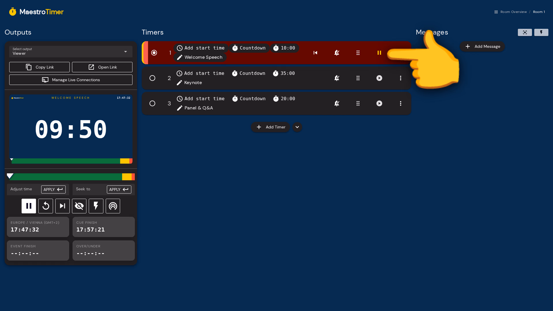 A running timer on the controller, with the stage preview counting down