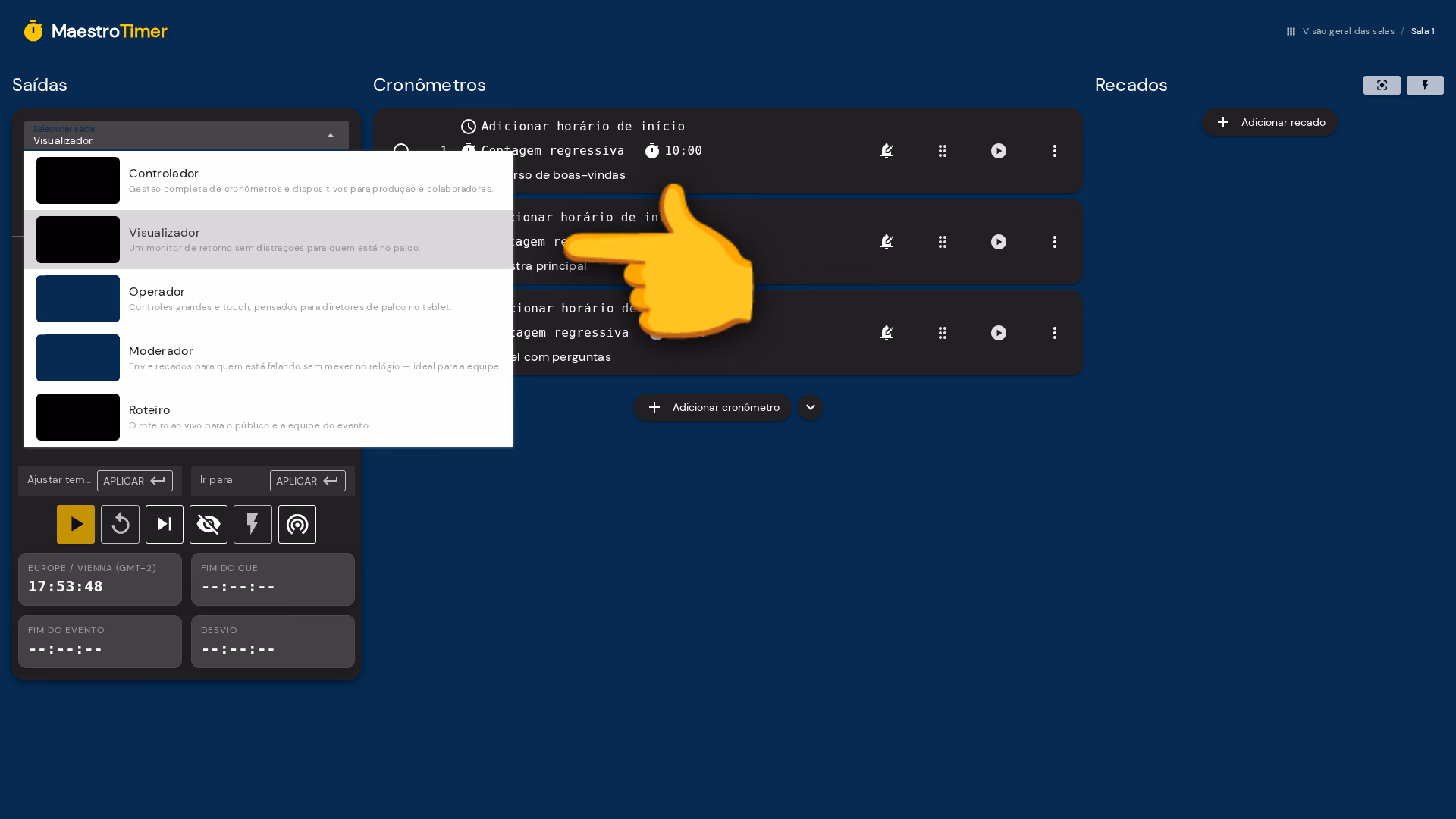 O menu para escolher qual visão compartilhar, com o link do visualizador destacado